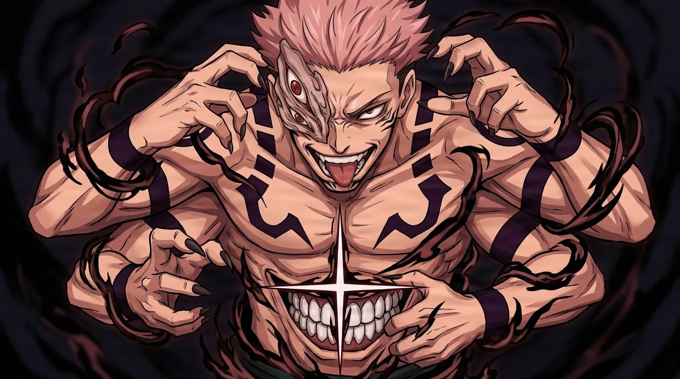 Ryomen Sukuna snarling with a savage toothy grin and clawed hands raised, wreathed in dark swirling energy against a black void, patterned markings across his bare torso and a second eye on his cheek.