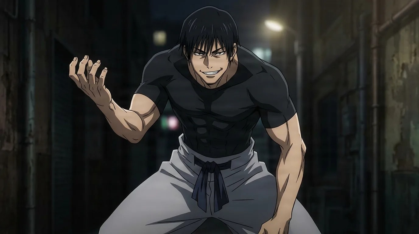 Toji Fushiguro grins wide as he crouches forward in a fighting stance, black t-shirt and loose grey pants, one hand raised in a dim night alley