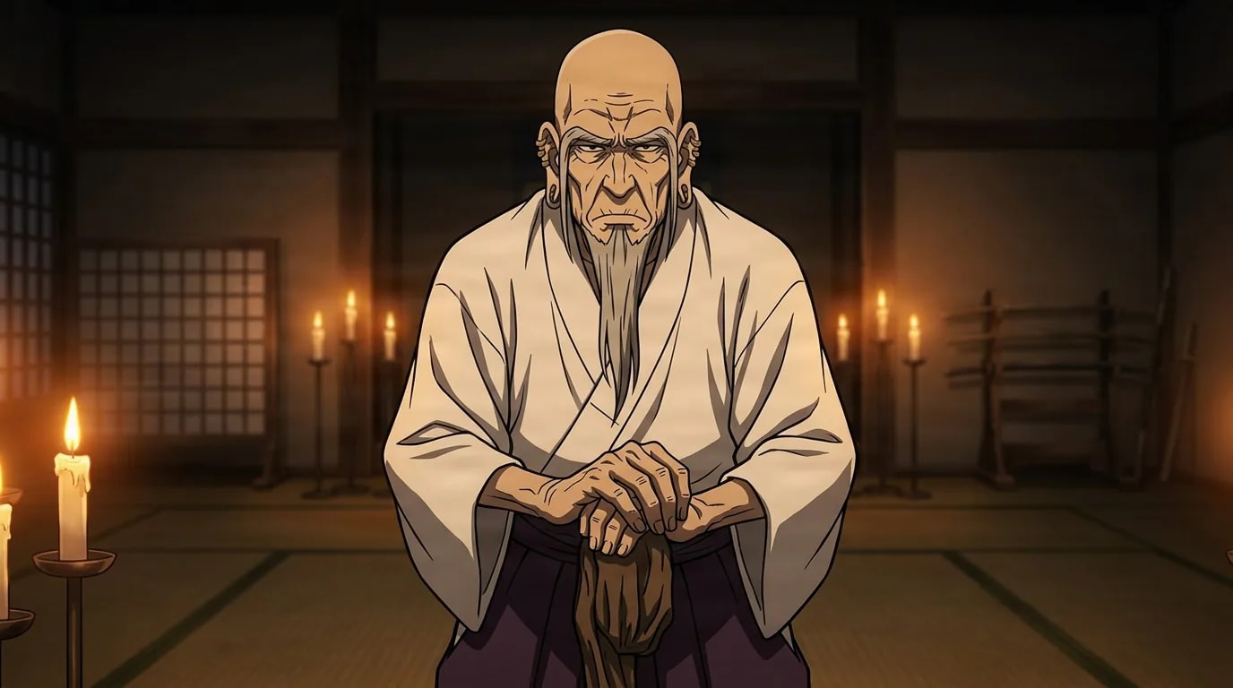 A stern bald old man with a long white beard and white robe over purple hakama stands upright gripping a wooden cane in a candlelit tatami dojo with a sword rack behind him.