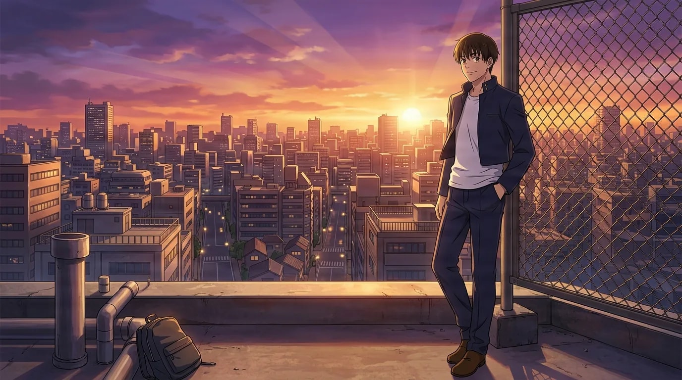 Yu Haibara leaning against a rooftop chain-link fence at sunset with the city skyline glowing behind him