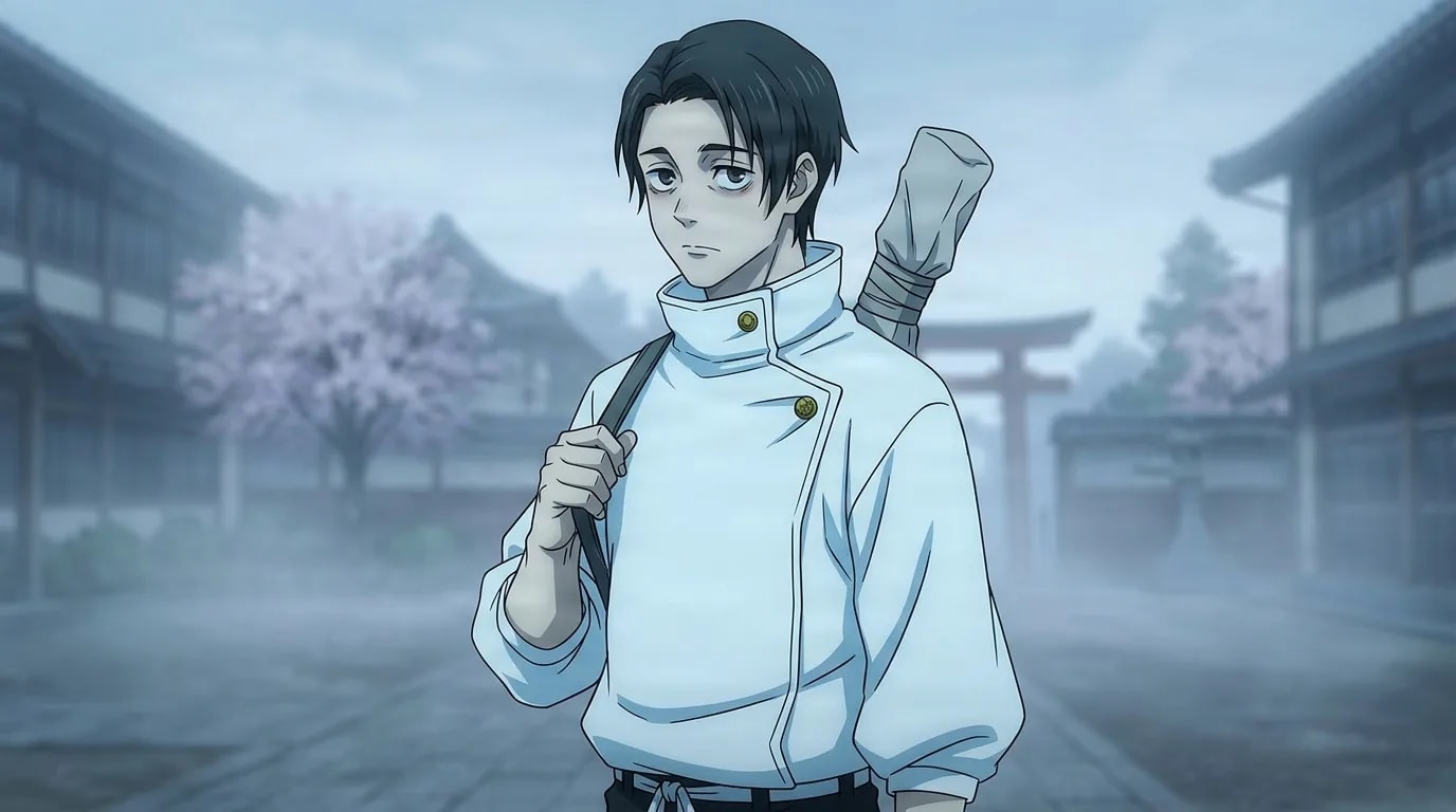 Yuta Okkotsu in a white high-collar pullover carries a cloth-wrapped sword on his shoulder with a quiet gaze in a misty courtyard at dawn