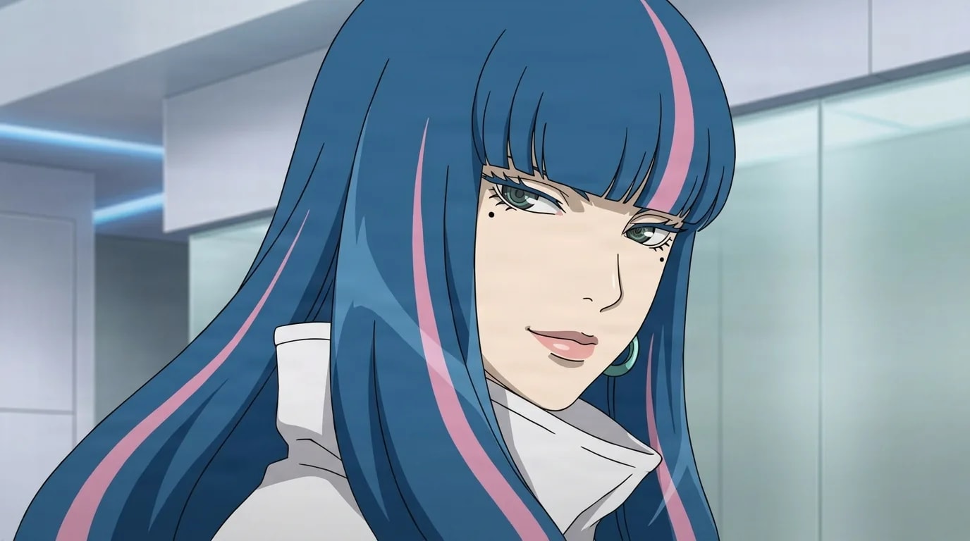 Long blue haired woman with pink streaks, green eyes and a small facial mole glancing sideways with a soft smile in a sleek modern interior