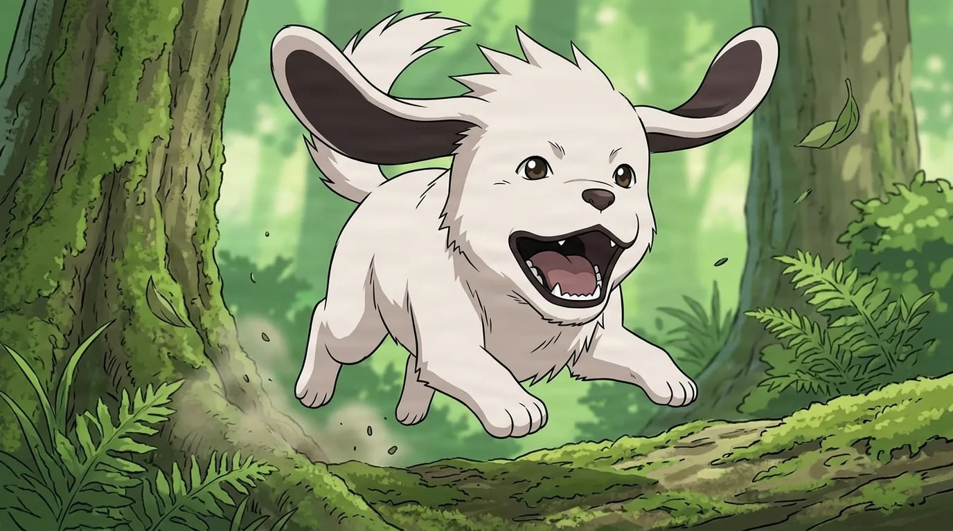 A fluffy white puppy with brown ears leaps through a green forest, mouth open in a playful bark and tail curled up.