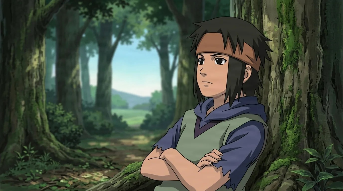 Young shinobi with arms crossed leans against a mossy tree in a forest clearing