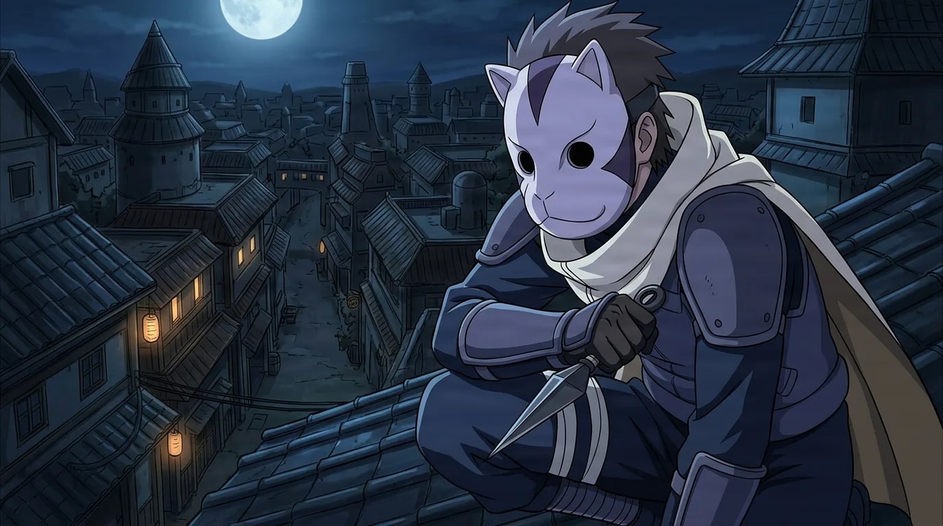 Masked Anbu commander crouches on a moonlit rooftop gripping a kunai over the village