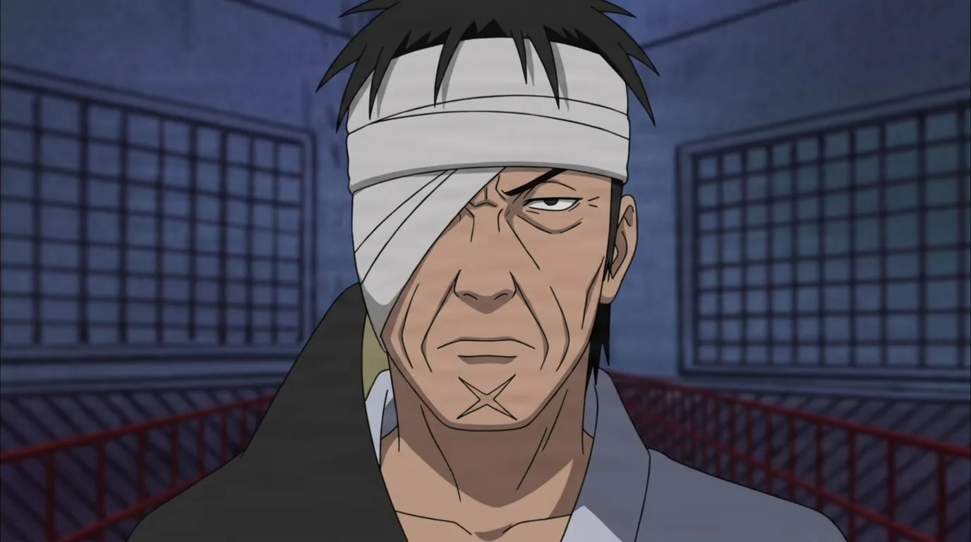 Danzō Shimura from Naruto in a close-framed cel-shaded anime scene with a detailed environment