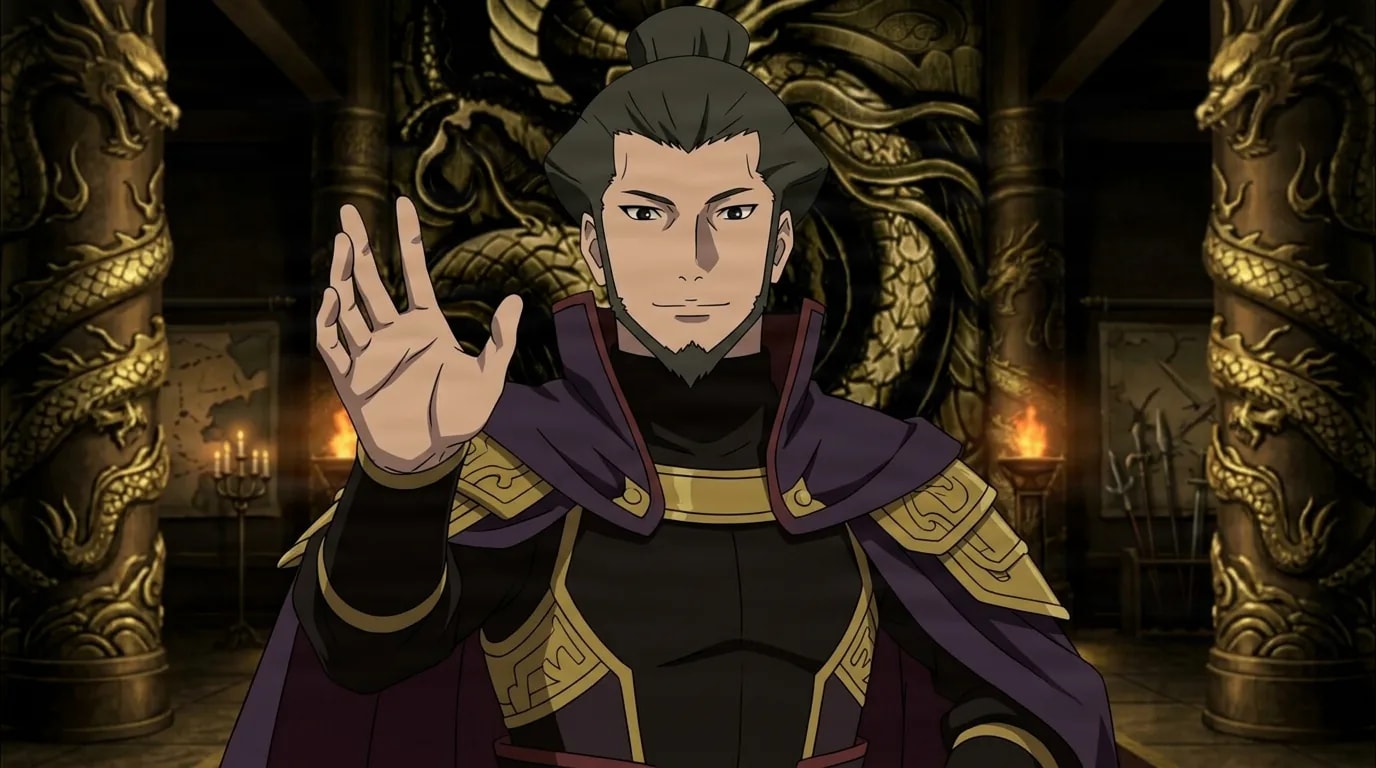 Man with a grey topknot and goatee in purple and gold armor raises one hand mid-speech inside an ornate hall lined with golden dragon carvings.