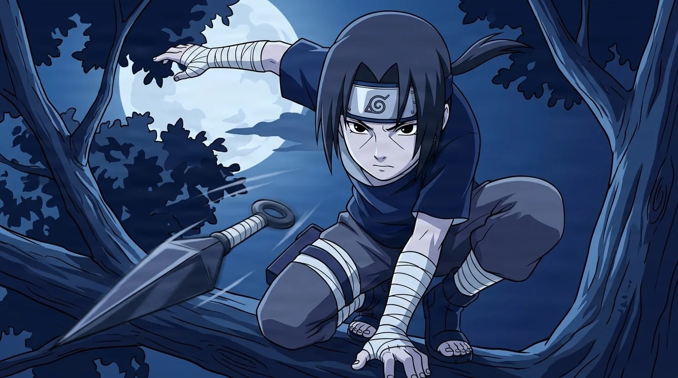 A young Itachi crouches low on a moonlit tree branch as he flings a kunai, his dark ponytail and Konoha headband lit by the full moon glowing behind him