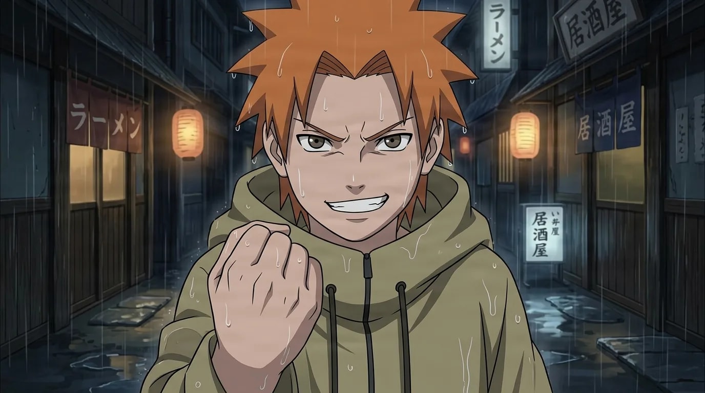 An orange haired young man in an olive hood raises a clenched fist with a fierce grin in a rain soaked lantern lit village alley at night.