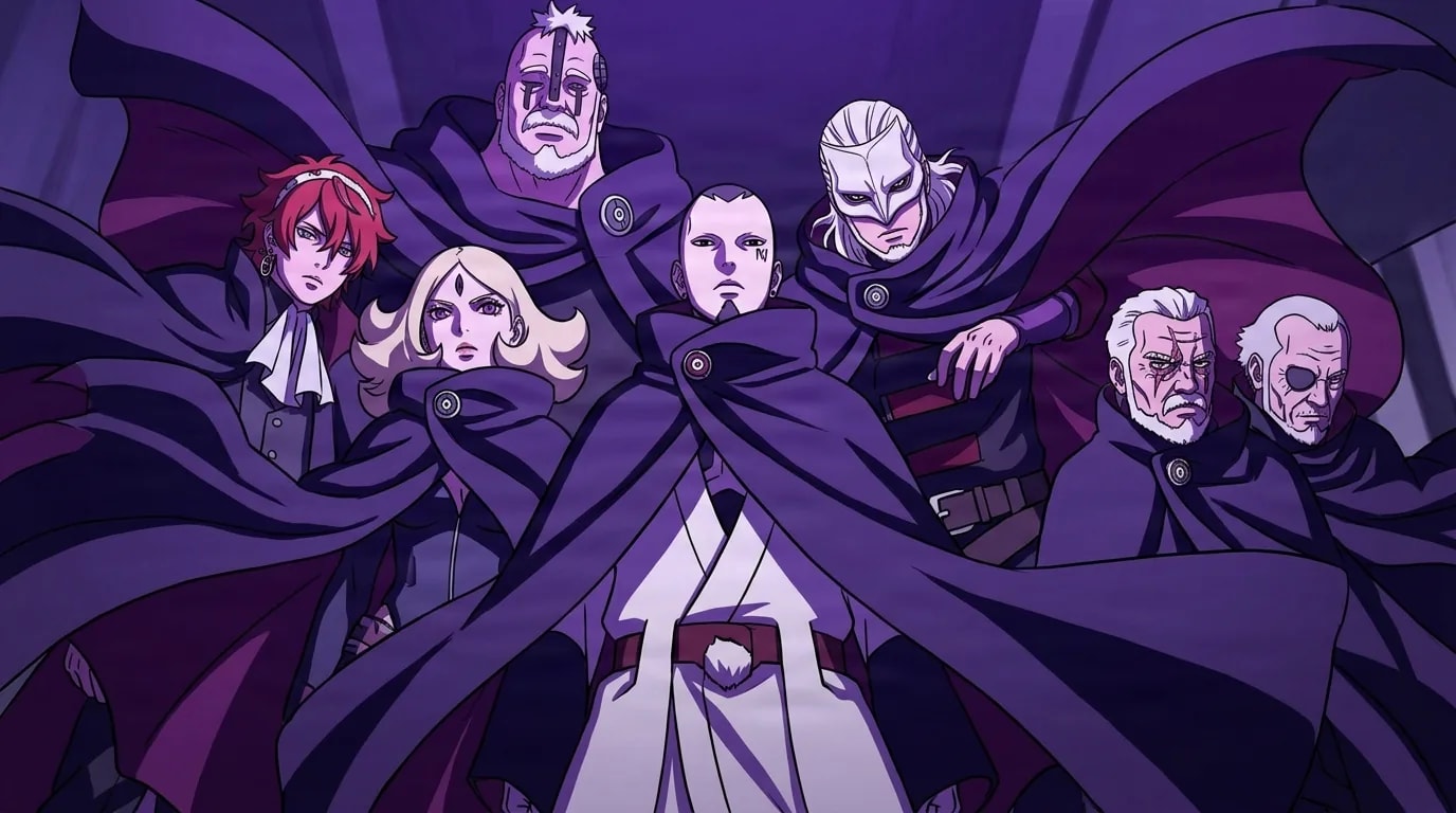 Group of cloaked figures in dark purple robes standing together in a dramatic low angle formation under violet lighting