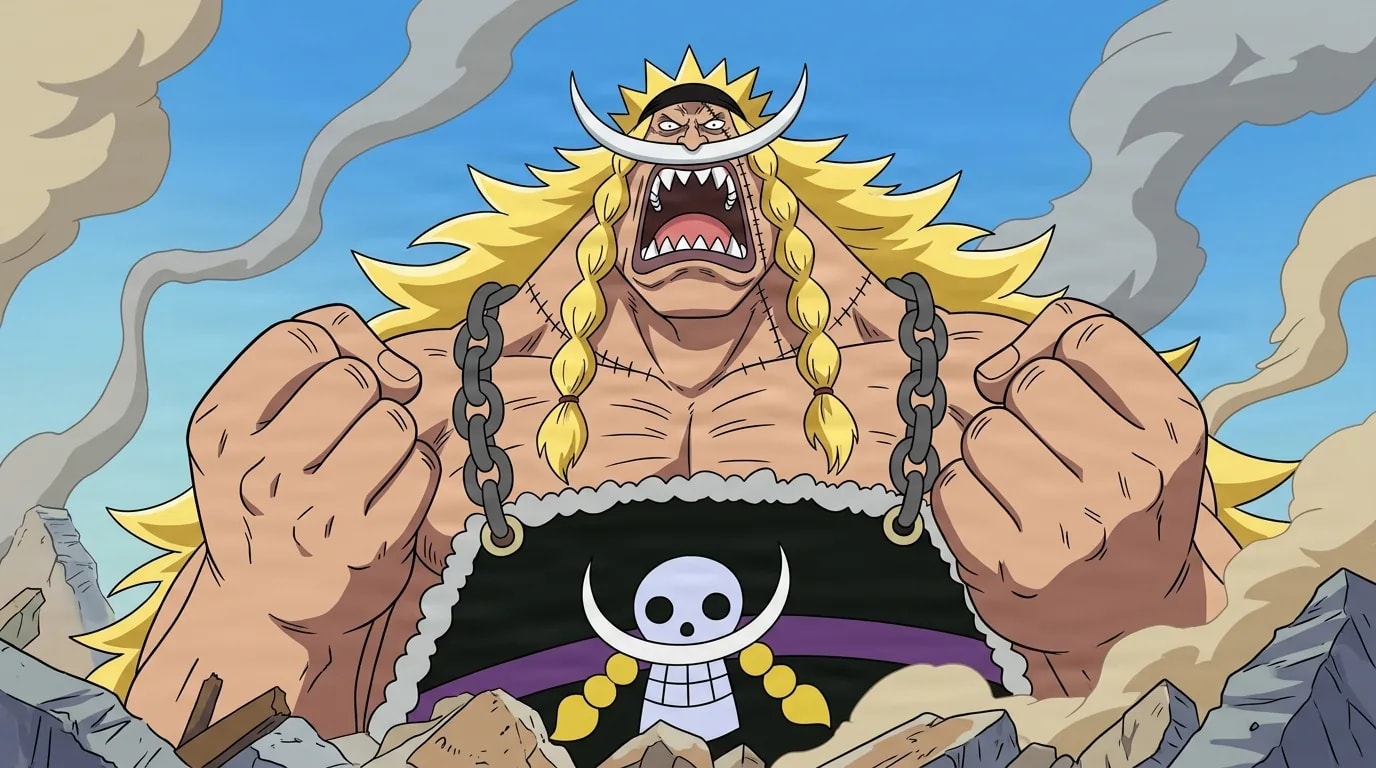 Huge muscular blond man with a crescent helmet and stitched scars roars with both fists clenched on a smoky rocky battlefield, a white skull emblem on his black garment below his bare chest.
