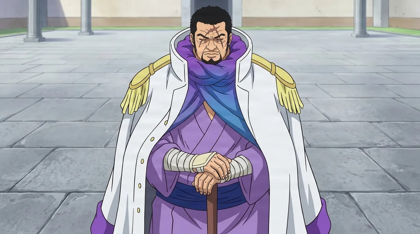 Bearded blind swordsman with a forehead scar and downcast eyes rests both hands on an upright cane, wrapped in a purple robe with a white admiral coat over his shoulders, on a wide grey stone plaza.
