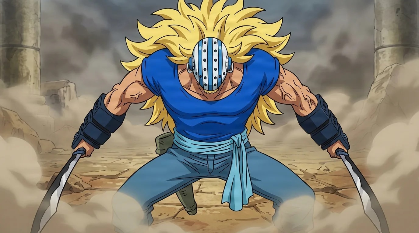 Long blonde-haired fighter in a round holed helmet crouching in a combat stance with a bladed weapon in each hand on a dusty ruined battlefield.