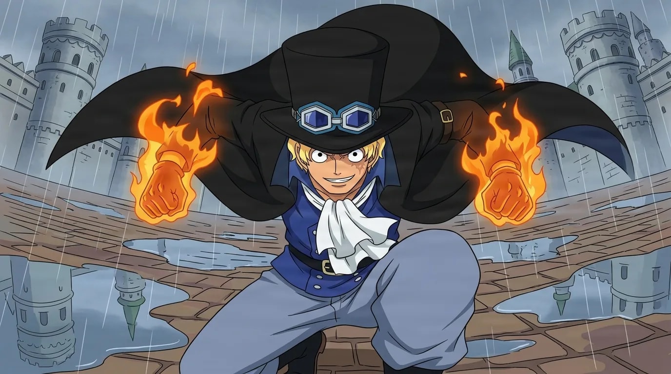 Blond young man in a black top hat with blue goggles and a blue cravat crouches with both fists engulfed in orange flames, dark coat spread wide, in a rainy stone plaza before grey castle towers.