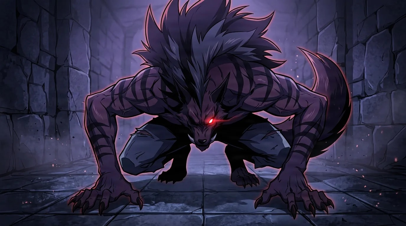A dark striped beast with a spiky mane and one red glowing eye crouches low in a stone dungeon
