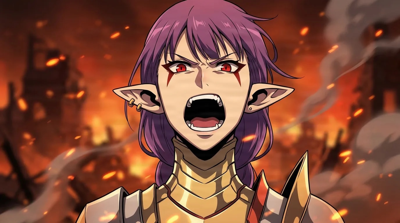 Purple-haired elf-eared warrior woman in gold armor shouting fiercely with red eyes amid a burning battlefield of embers.