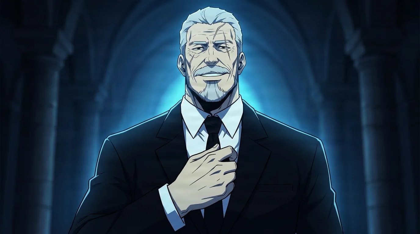 Gray-haired older man with a goatee in a black suit adjusting his tie with a knowing smile in a dark blue-lit hall.