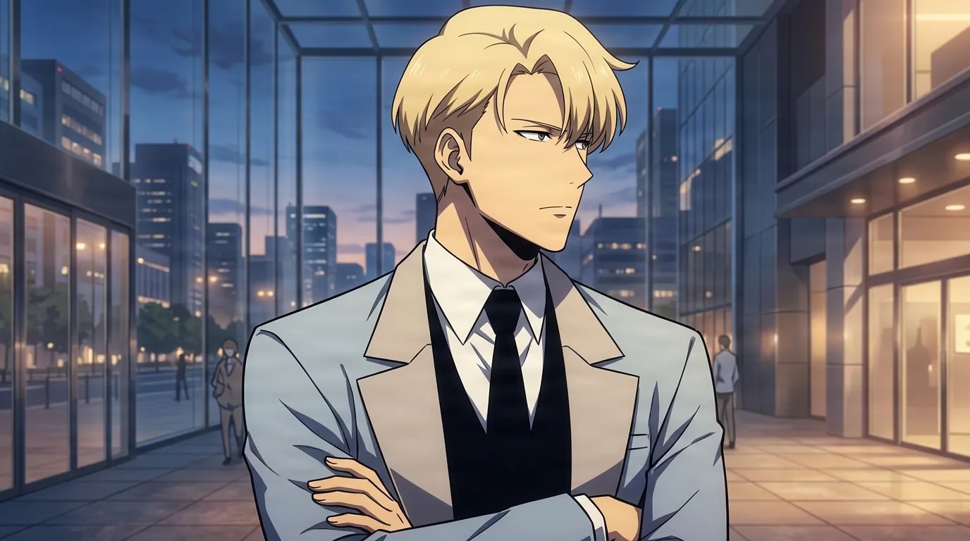 Blond man in a gray suit and black tie standing with arms crossed in a nighttime glass office plaza, glancing to the side