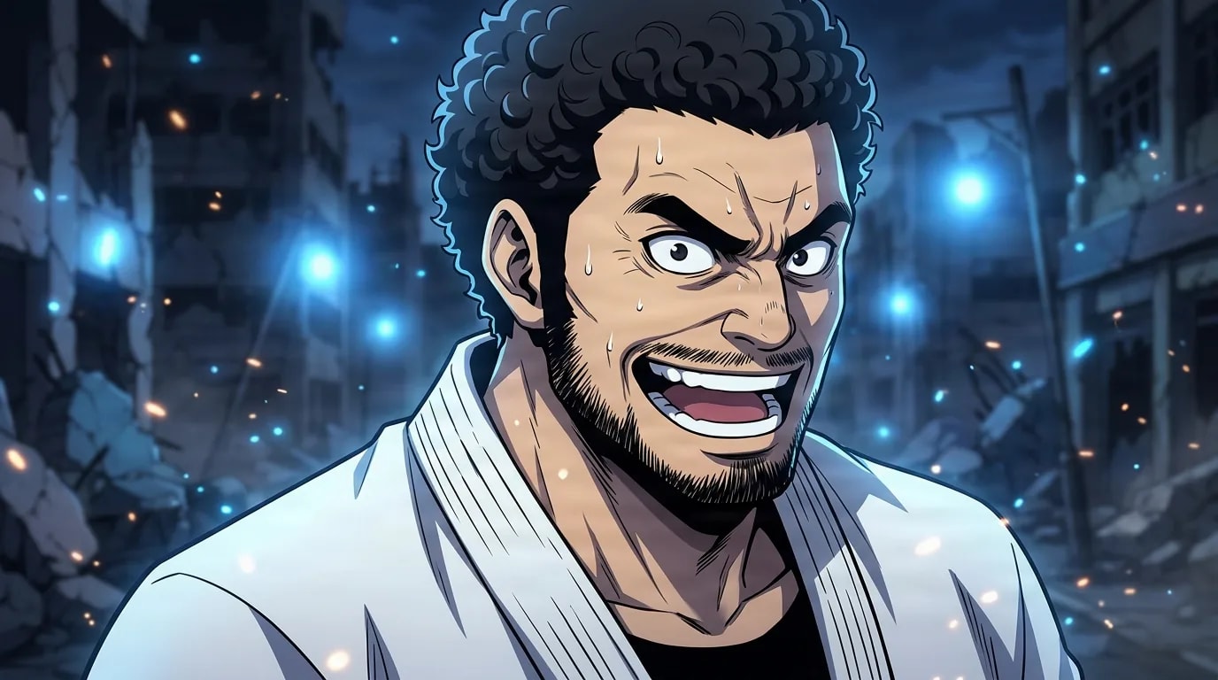 Ma Dongwook, a broad bearded man with curly dark hair in a white martial arts uniform, grinning fiercely with an open-mouthed shout in a ruined city street at night lit by blue mana lights.
