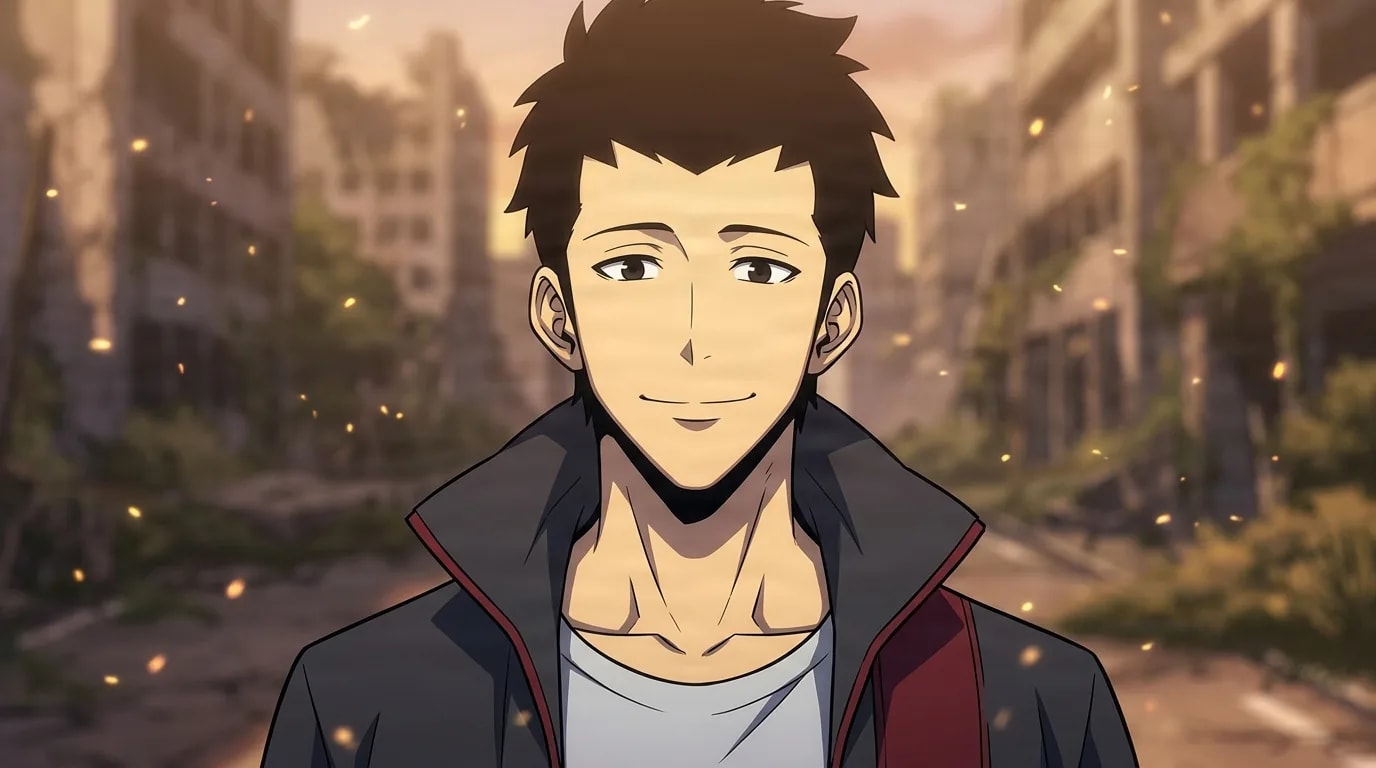 Min Byung-Gyu, a young man with short spiky dark hair and a warm smile wearing a casual jacket over a light shirt, standing on a ruined city street at dusk with drifting embers.
