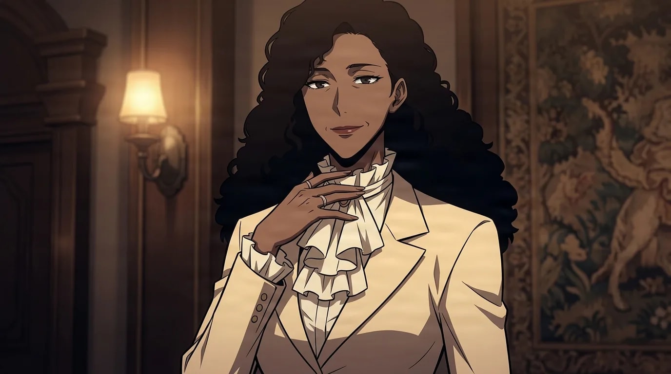 Norma Selner, an elegant dark-skinned woman with long curly black hair in a cream suit and ruffled blouse, resting one hand near her collar with a knowing smile in a warmly lit ornate mansion hall.