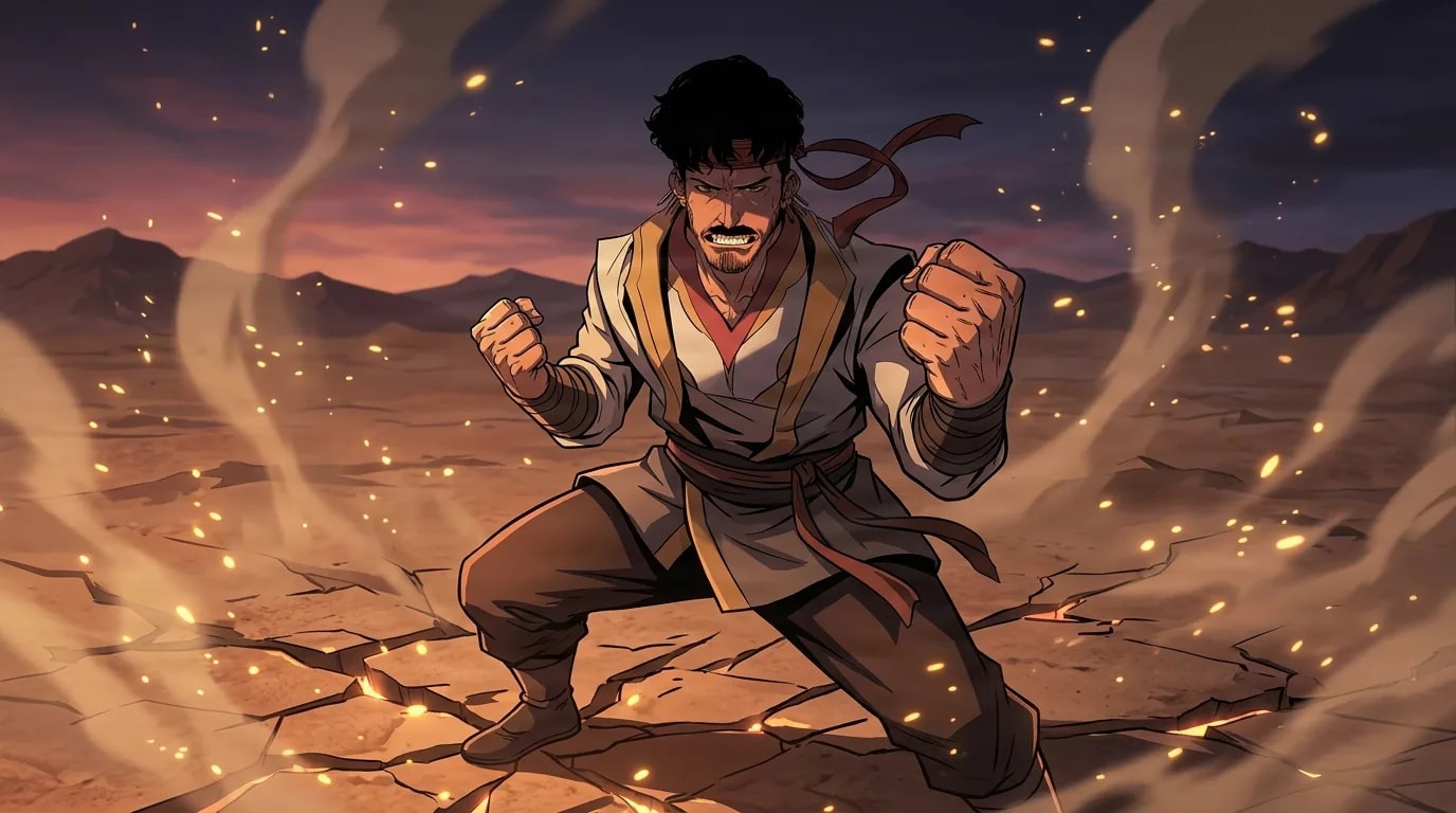 A dark-haired man with a headband and mustache drops into a wide fighting stance, both fists raised, on a cracked desert plain at dusk with embers drifting around him.