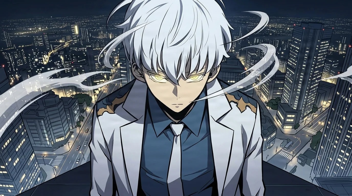 A silver-haired young man with glowing yellow eyes in a white suit stands above a glittering nighttime cityscape as wind streaks past him.