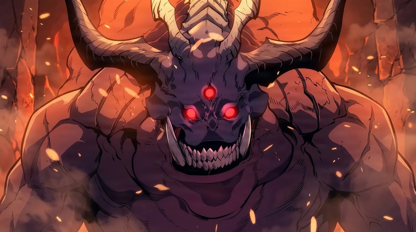 Vulcan, a hulking purple-skinned horned demon with three glowing red eyes and a fanged grin, looms in a fiery dungeon chamber full of drifting cinders.