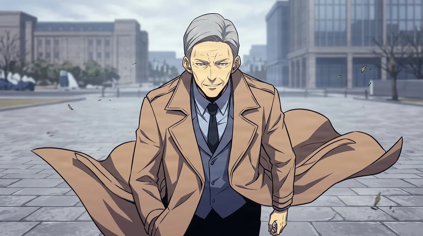 A silver-haired older man with a sly half-smile walks through a windswept city plaza, his tan trench coat flaring out behind him over a blue shirt and dark tie.