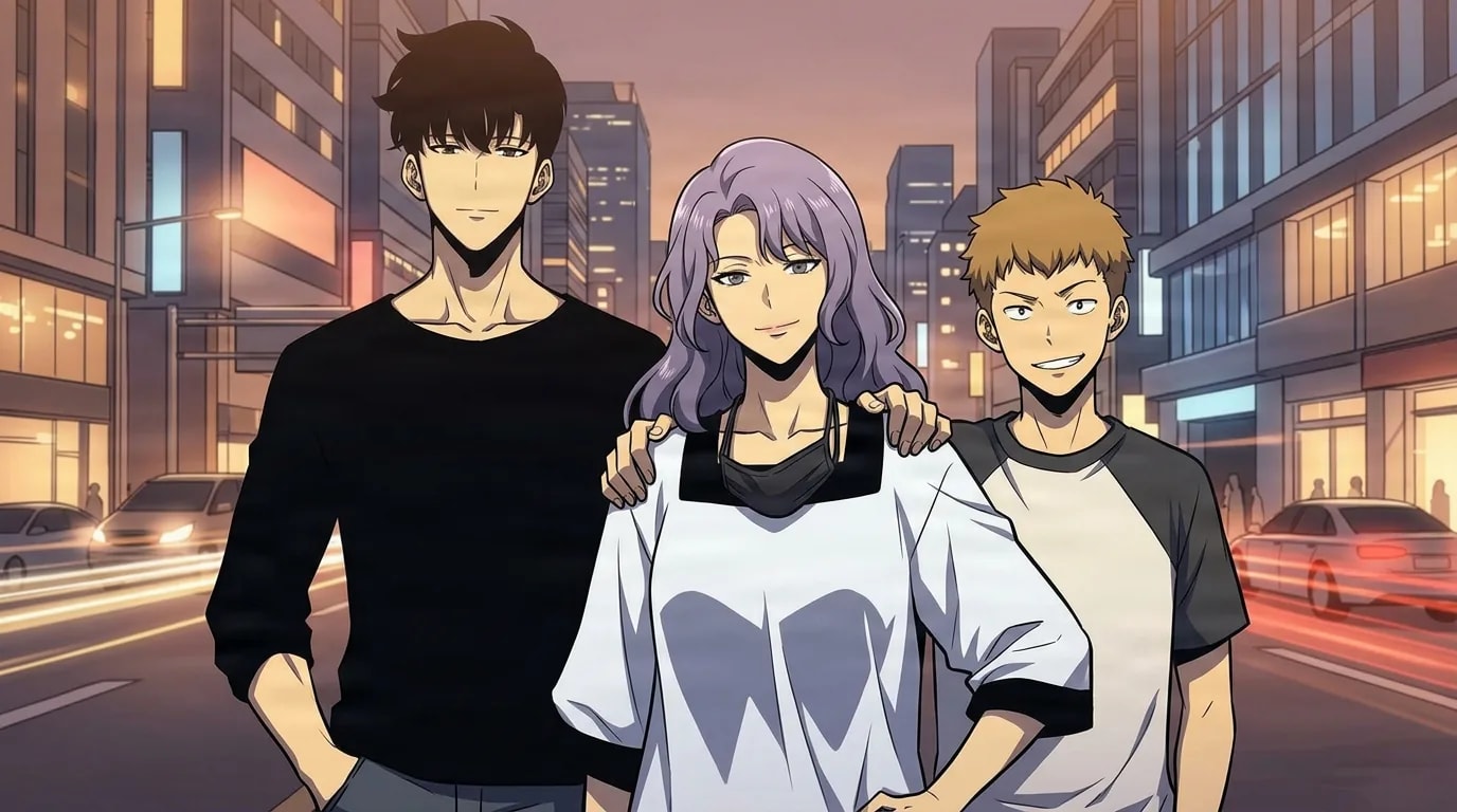 Three young hunters, two men and a purple haired woman, stand together shoulder to shoulder on a glowing city street at dusk.