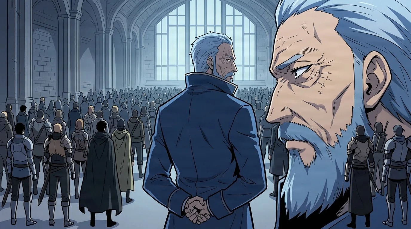 An elderly white bearded leader in a blue coat stands with his hands clasped behind his back before a large crowd of armored hunters gathered in a vast gothic hall.