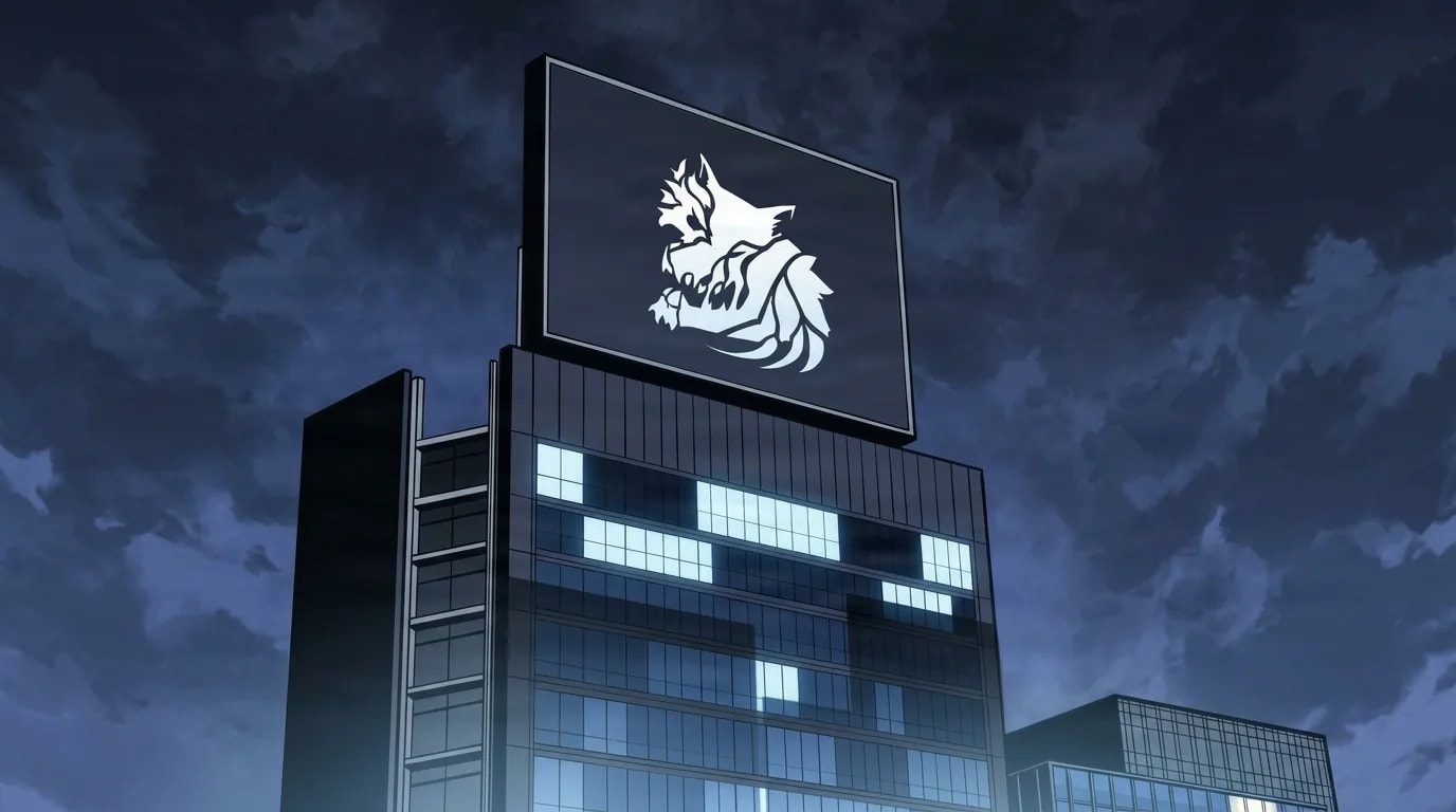 A tall glass skyscraper at night crowned by a large glowing rooftop screen displaying a fierce white beast emblem, dark storm clouds swirling across the sky behind it.