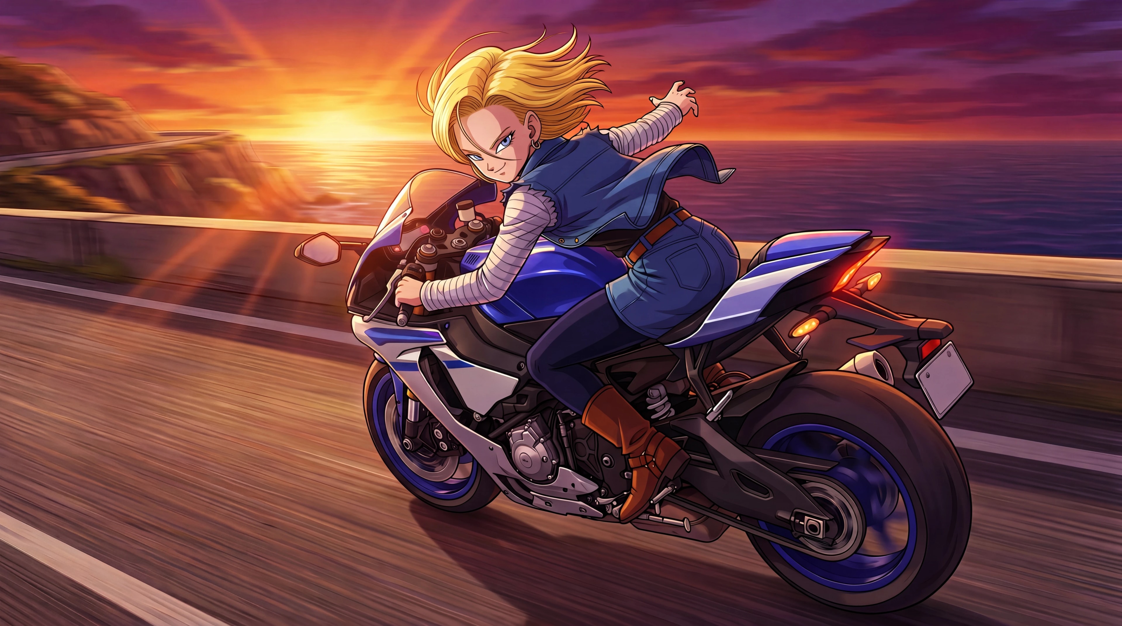Android 18 riding a motorcycle along a coastal highway at sunset, anime style