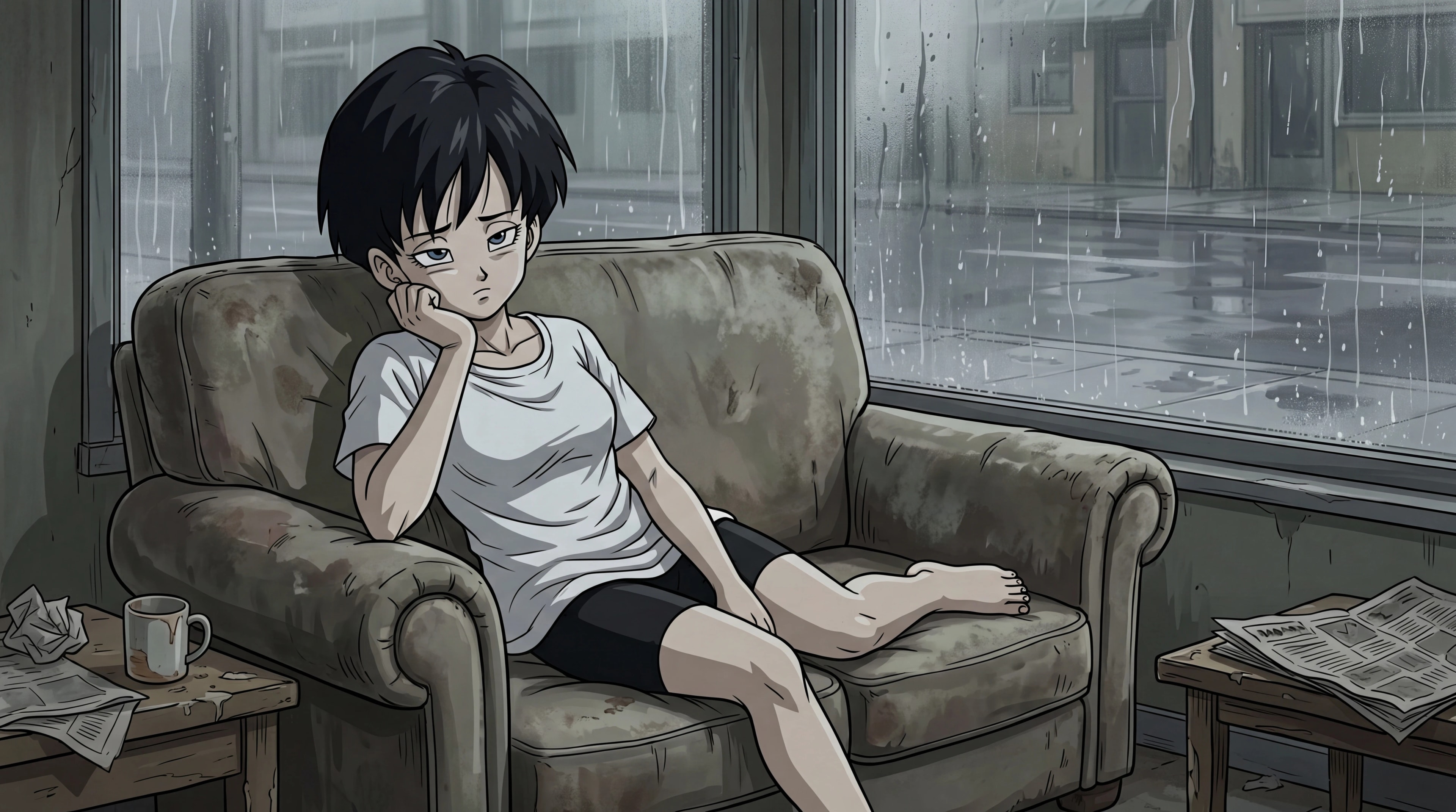 Videl with a short pixie cut looking glum on a rainy day, anime style