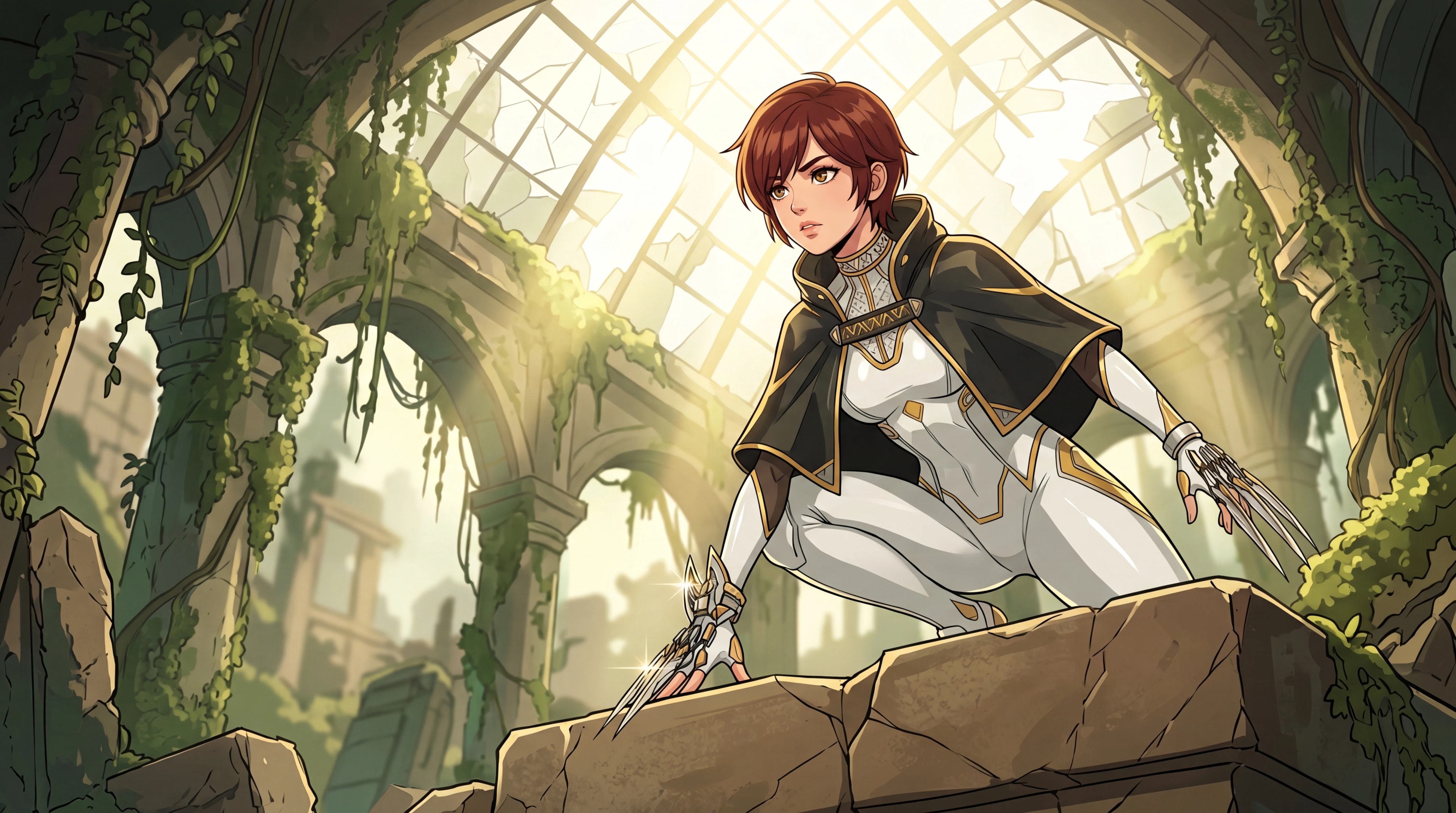 Evie from Stellar Blade: Blood Rain crouched in a sunlit ruin, anime style