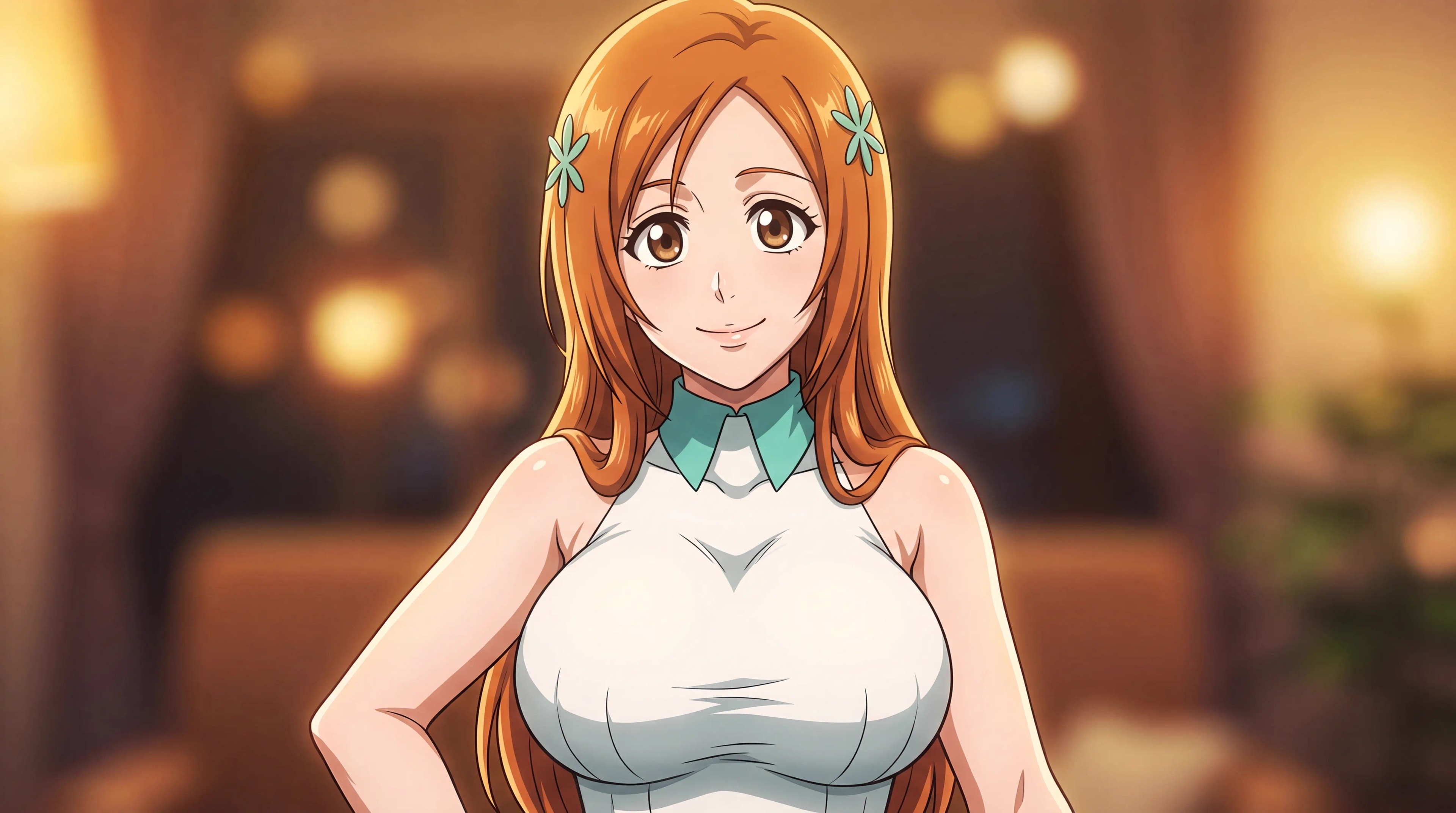 Orihime Inoue from Bleach smiling warmly, anime style