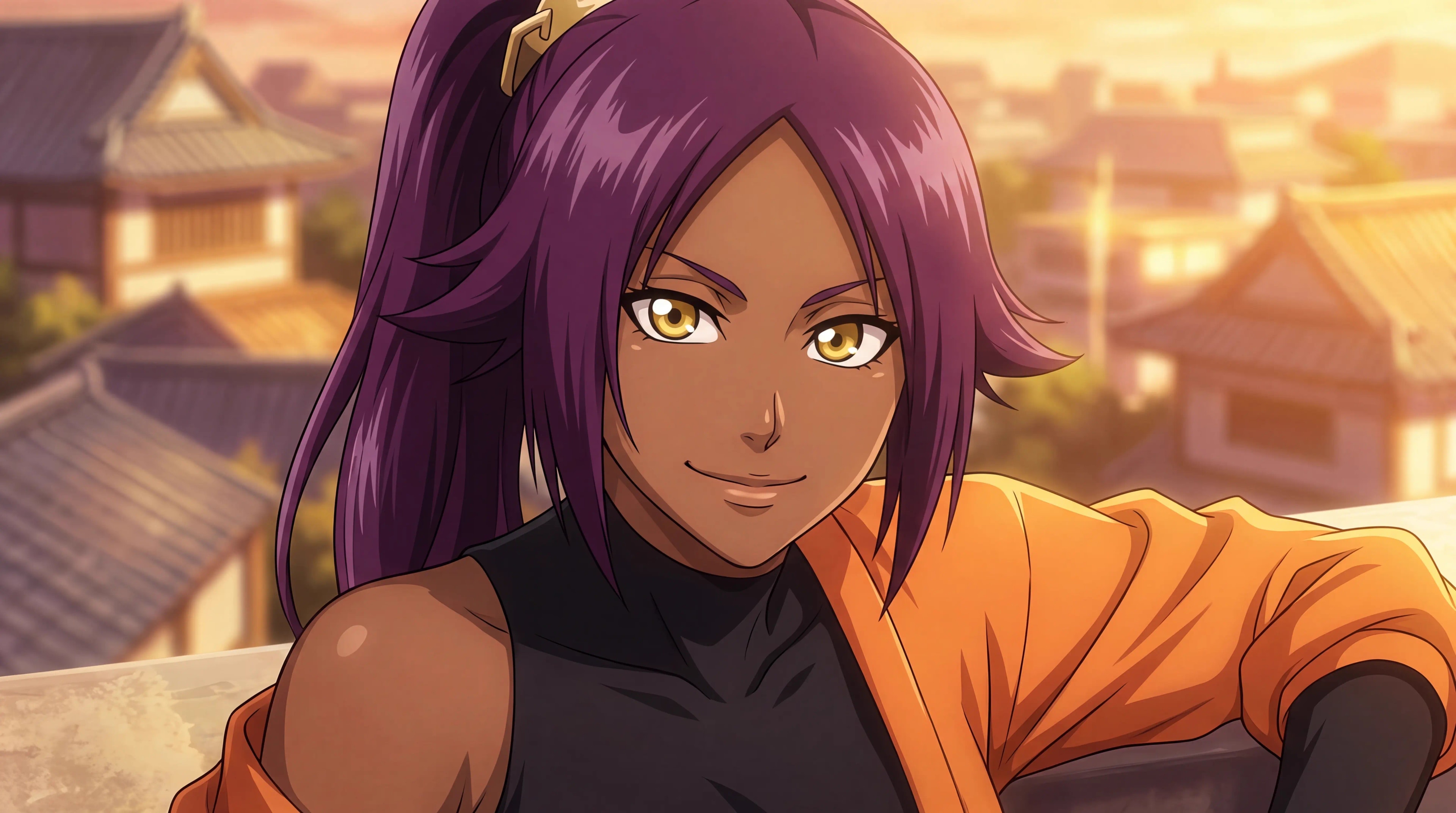 Yoruichi Shihoin from Bleach smiling on a Soul Society rooftop at sunset, anime style
