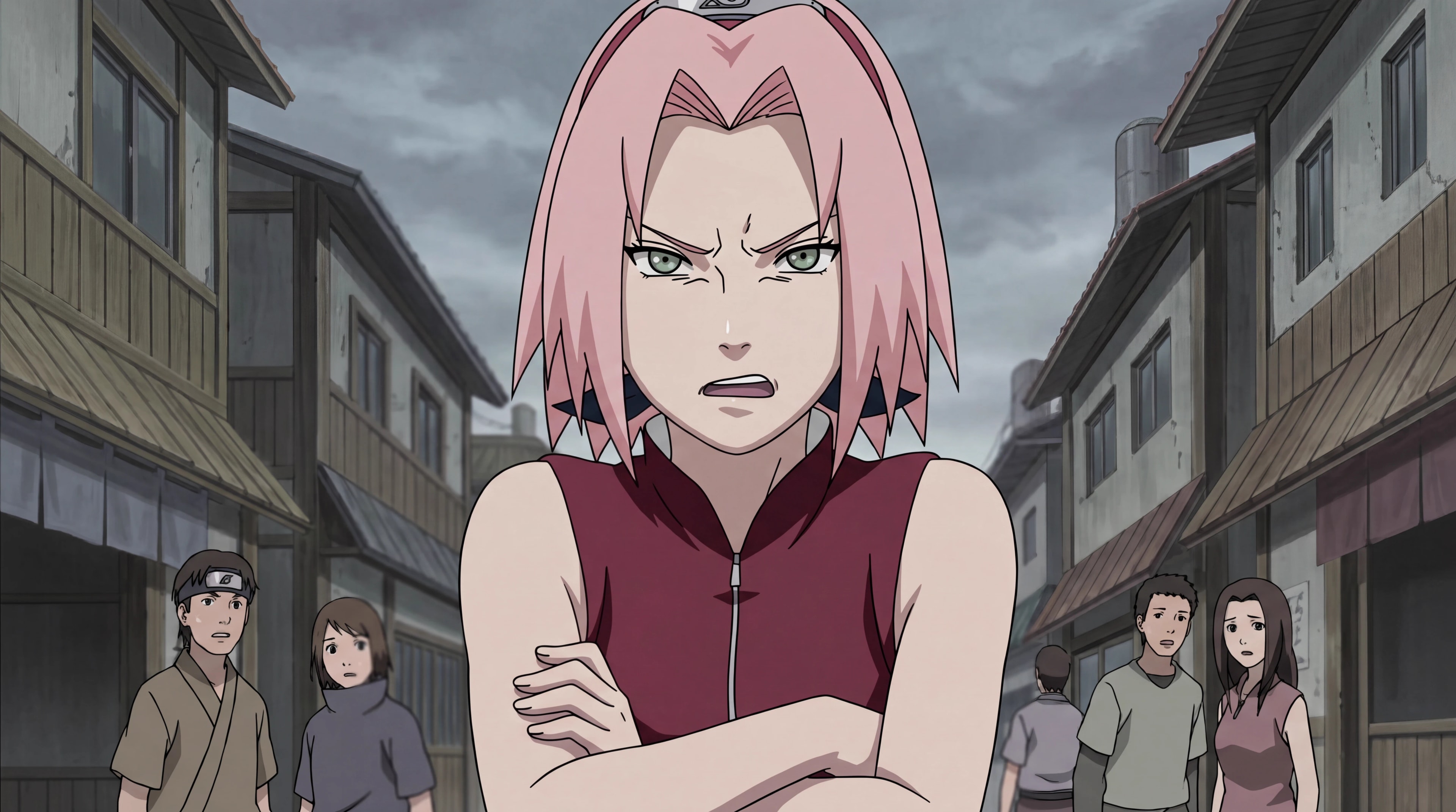 Sakura Haruno looking annoyed on an overcast Konoha street, anime