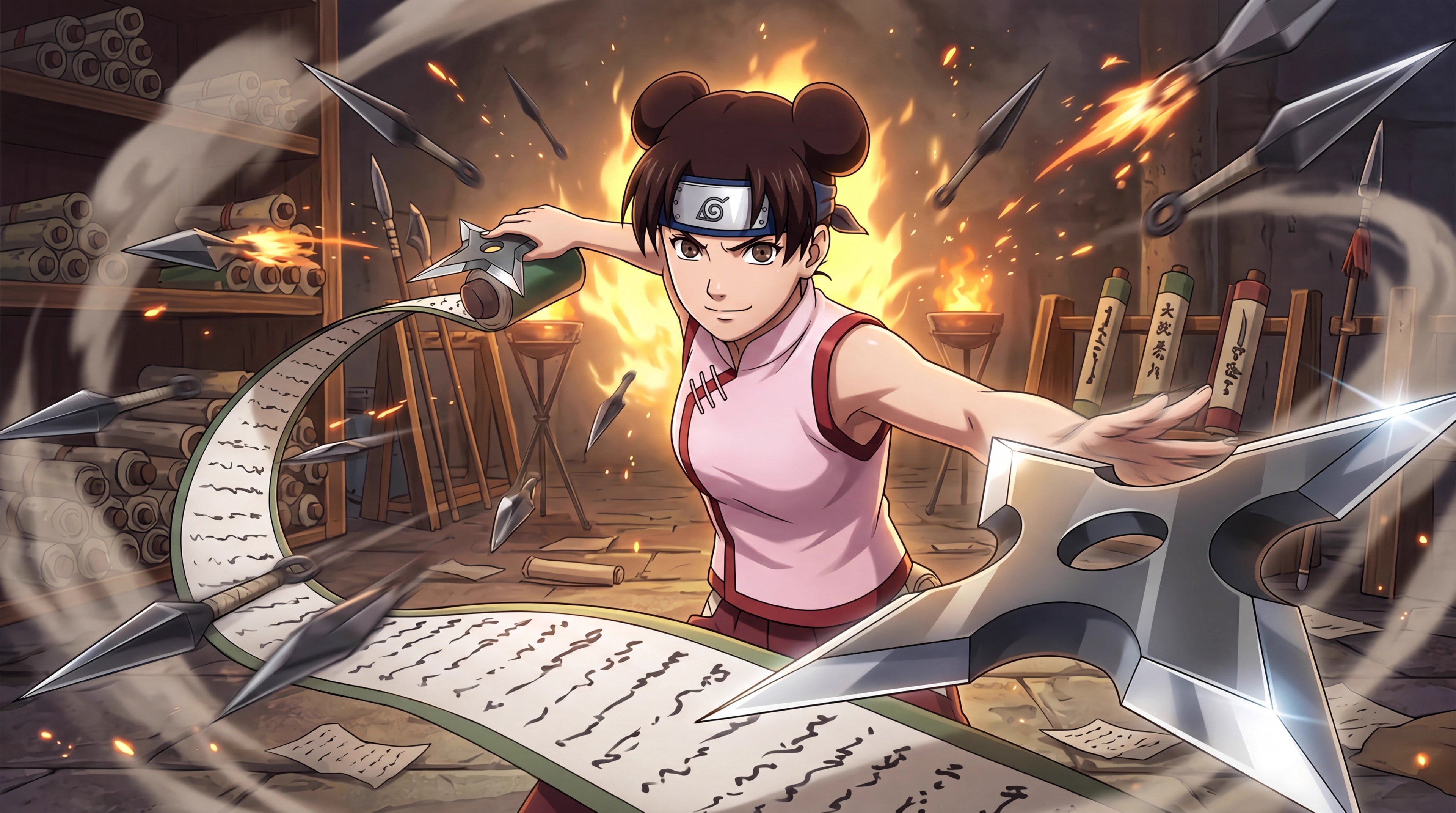 Tenten drawing weapons mid-action, anime