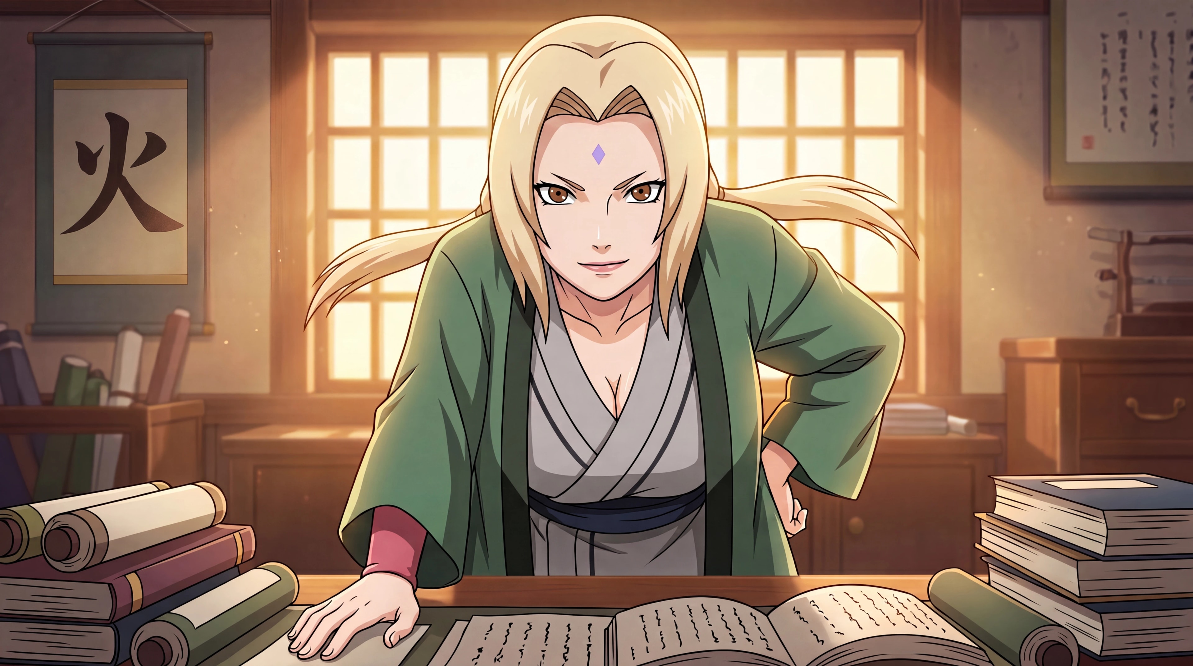 Tsunade commanding in the Hokage office, anime