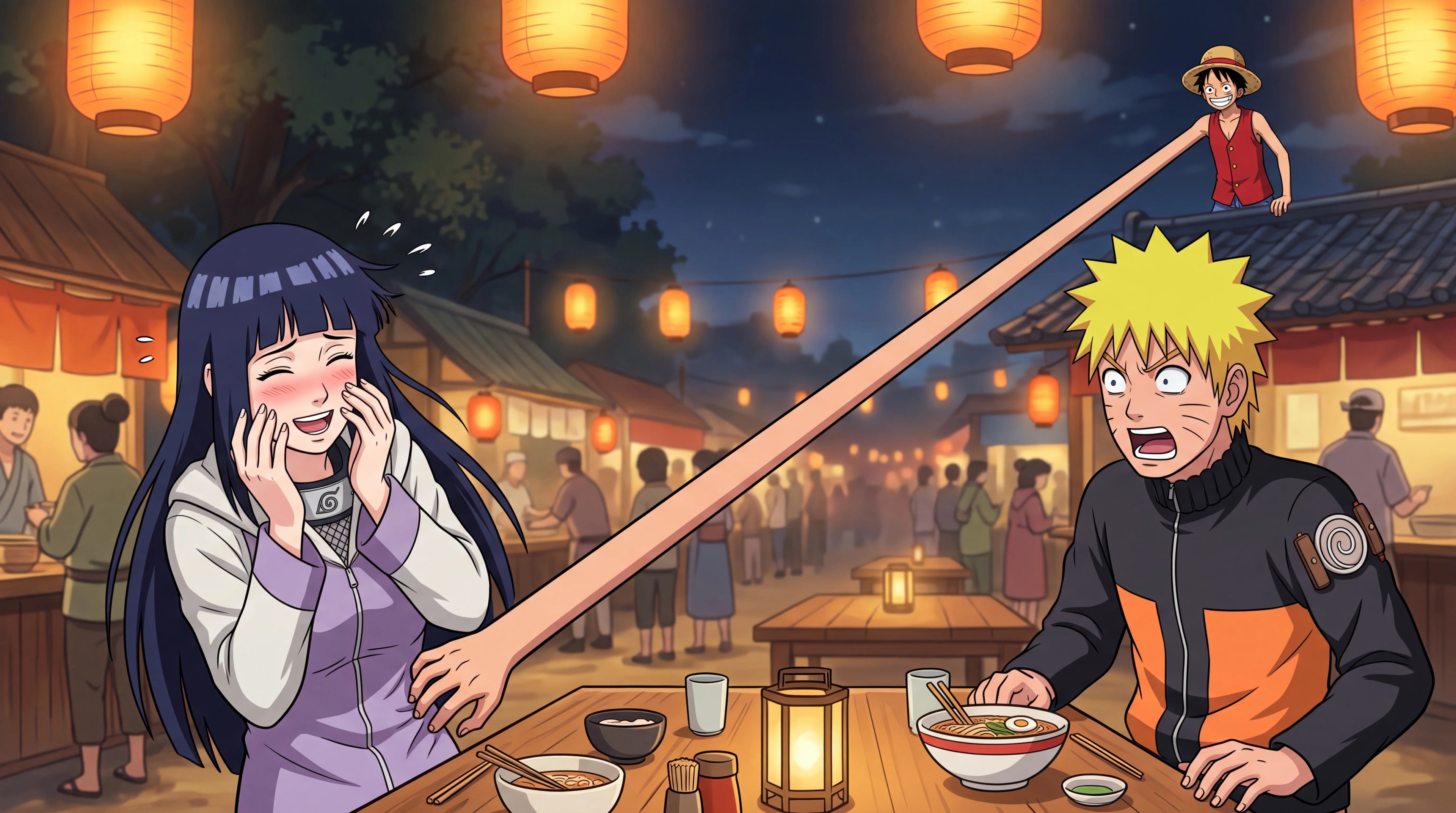 Hinata giggling at a lantern-lit dinner table as rubber arms stretch in from a distant grinning Luffy to tickle her while Naruto looks on in shock