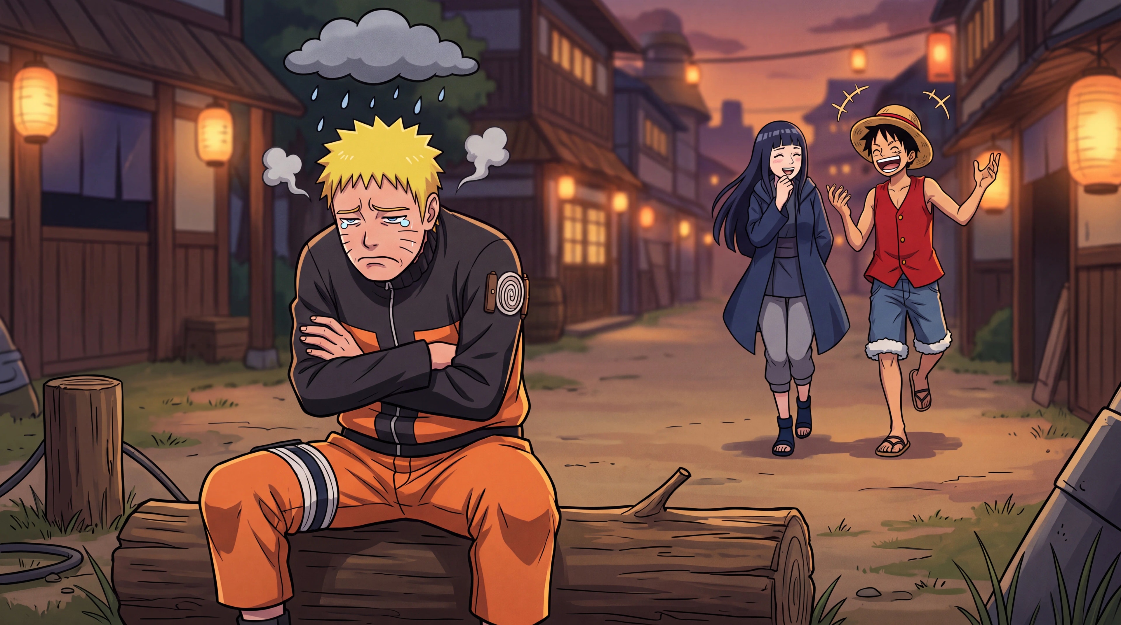 Dejected Naruto sitting on a training log under a small rain cloud while Hinata and Luffy walk away laughing behind him