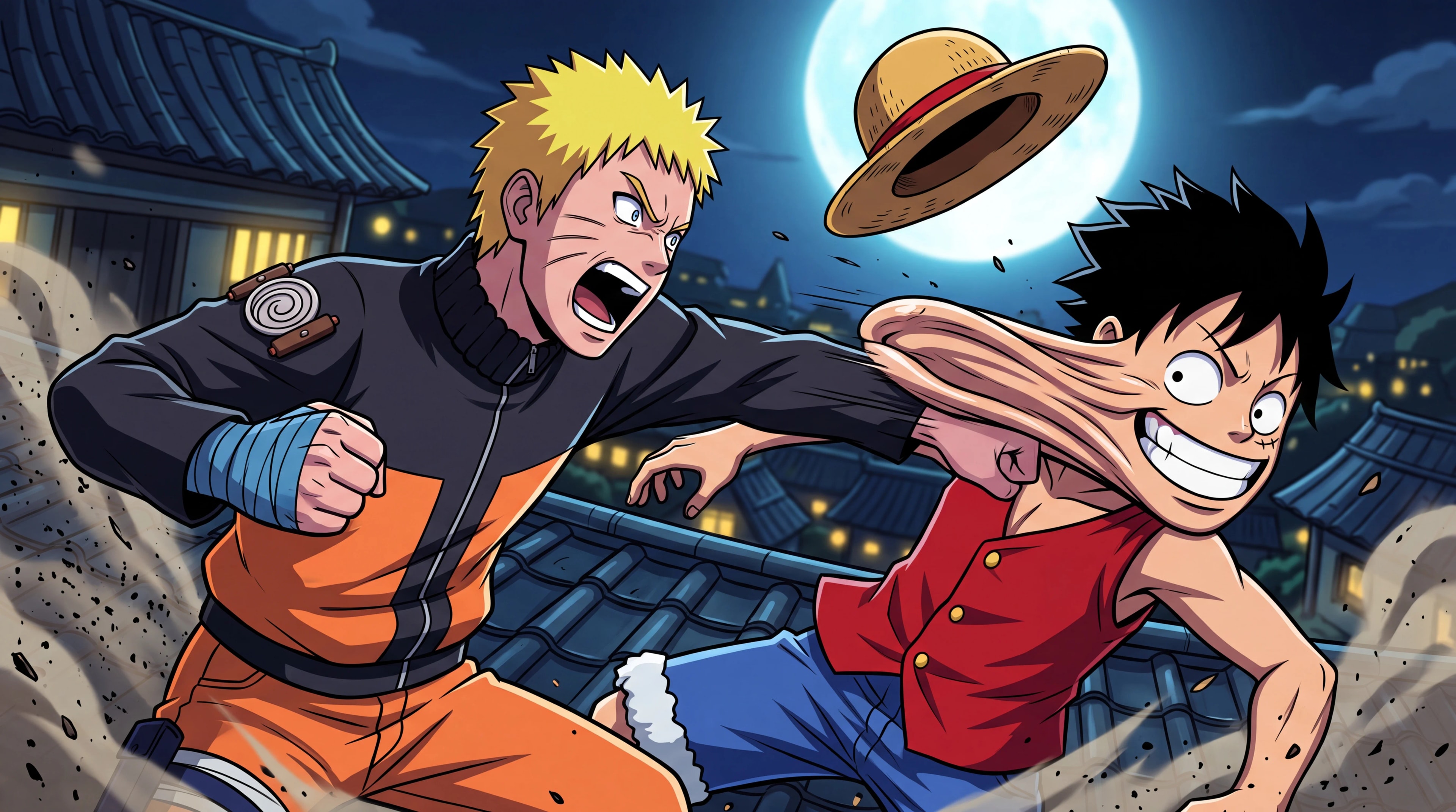 Naruto punching Luffy on a moonlit Konoha rooftop, with Luffy's rubber face stretching back as his straw hat flies off