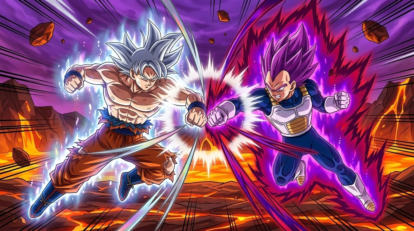 Ultra Instinct Goku and Ultra Ego Vegeta clashing fists in a fiery rocky Demon-Realm-style arena from Dragon Ball Sparking Zero.