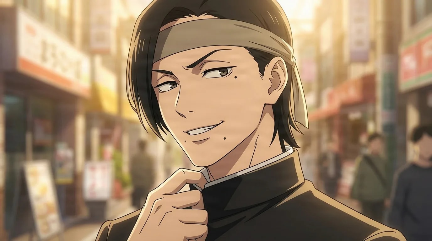Haruka Iseumi, a young man with a headband and dark hair in a black gakuran collar, smirking confidently and touching his collar, on a sunlit Japanese shopping street.