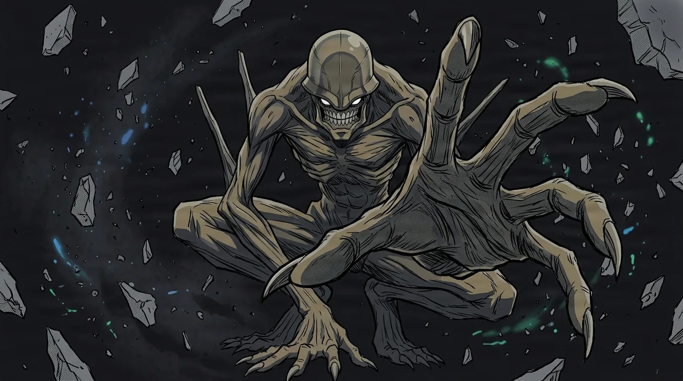 Anime scene of a gaunt tan-skinned devil with a smooth domed head and a grinning fanged mouth, crouching low and thrusting one long clawed hand toward the viewer amid floating rubble in a dark starry void.