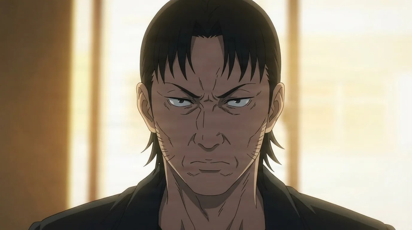 Katana Man, a man with dark slicked-back hair and sideburns in dark clothing, glaring intensely at the viewer, in a warm sunlit room.