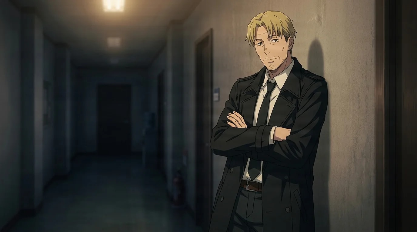 Kishibe leans against a dim office corridor wall at night, arms crossed over his black coat and tie, giving a calm knowing half-smile as a ceiling lamp glows behind him.