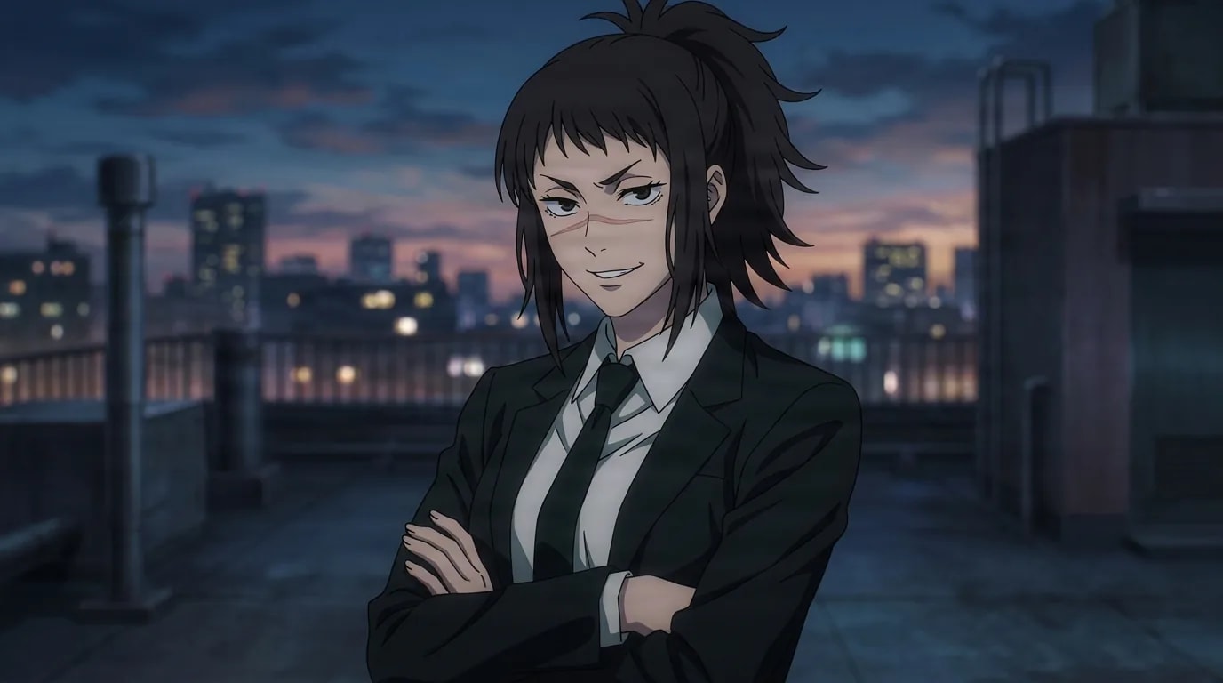 Michiko Tendo stands on a dim city rooftop at dusk, dark spiky ponytail and a scar across the nose, arms folded over a black suit and tie with a sharp confident smirk.