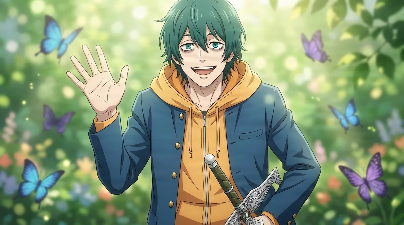 Miri Sugo waves cheerfully in a sunlit green garden dotted with butterflies, dark green hair and teal eyes, orange hoodie under a gray coat with a sword hilt at his waist.